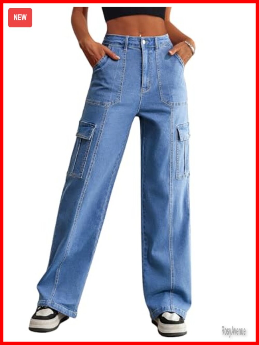 Women's Cargo Jeans Wide Leg High Waisted Stretch Denim 6 Pocket